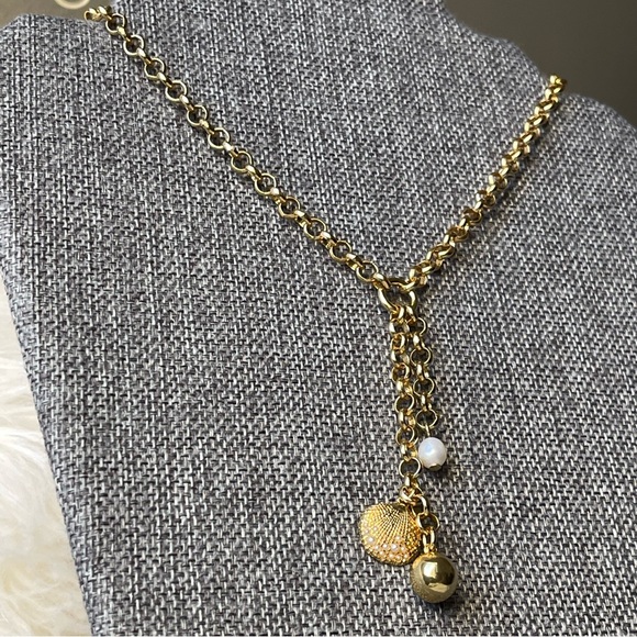 J Crew | Freshwater Pearl Sea Shell Golden Ball Choker Gold Tone 14"+2" Necklace - Picture 13 of 14